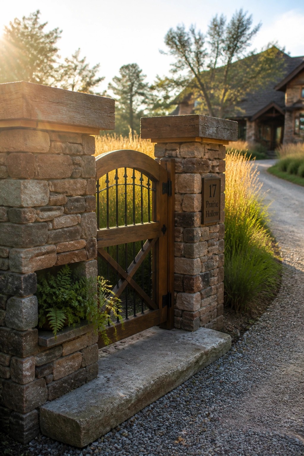 Rustic wooden gate between stone pillars with 17 Prairie Hollow sign on gravel path