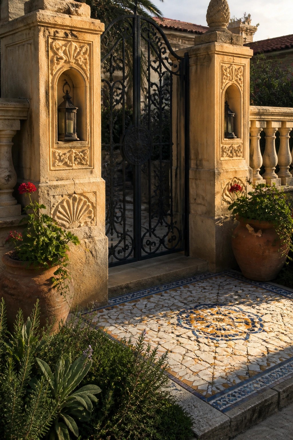 Stone pillars with lanterns flank open gate over mosaic tiles and potted plants.