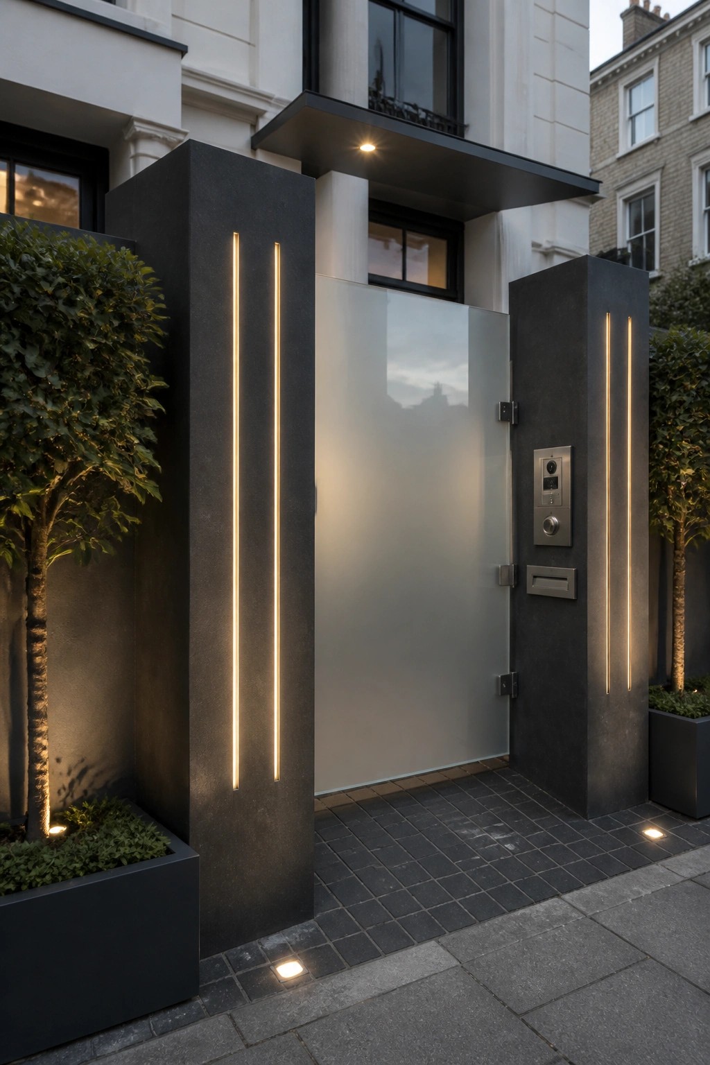 A modern residential entrance featuring two dark stone pillars with integrated vertical light strips flanking a frosted glass gate on a paved walkway.
