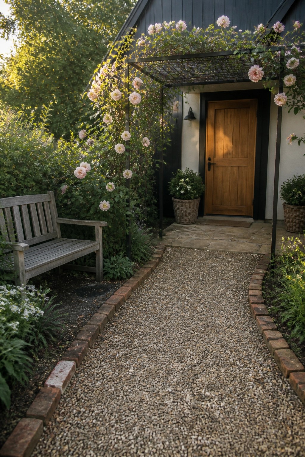 A gravel path bordered by bricks leads to a wooden front door, with climbing roses on a trellis overhead and a wooden bench on the left side.