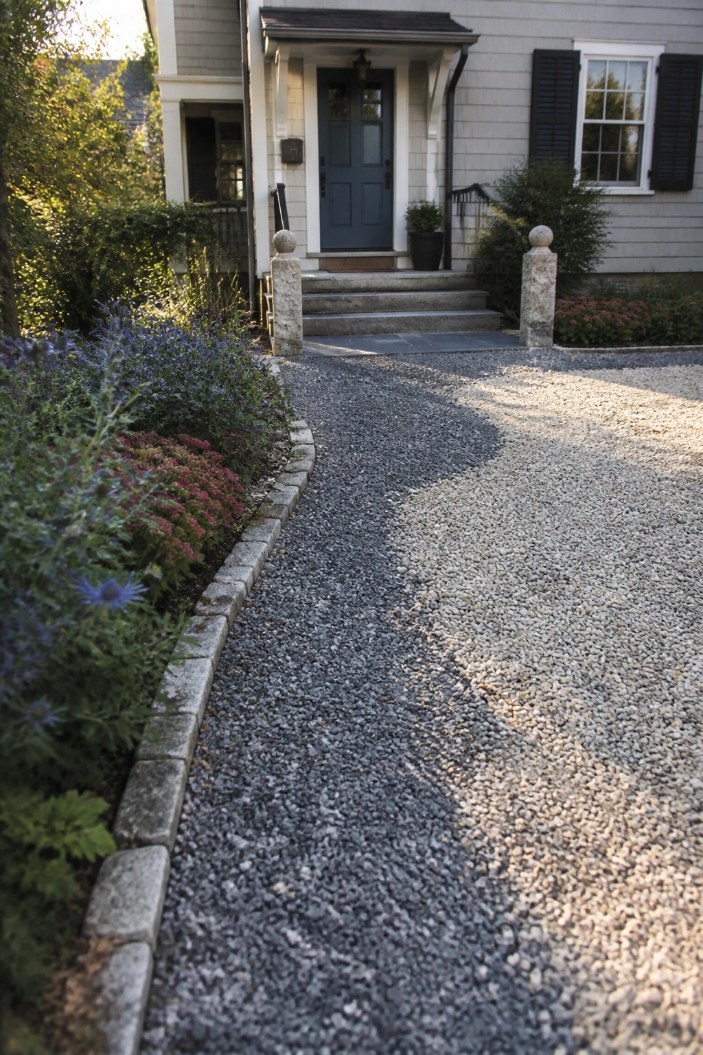 A gravel path curves toward the front steps of a house, lined with low stone edging and bordered by shrubs and flowering plants.