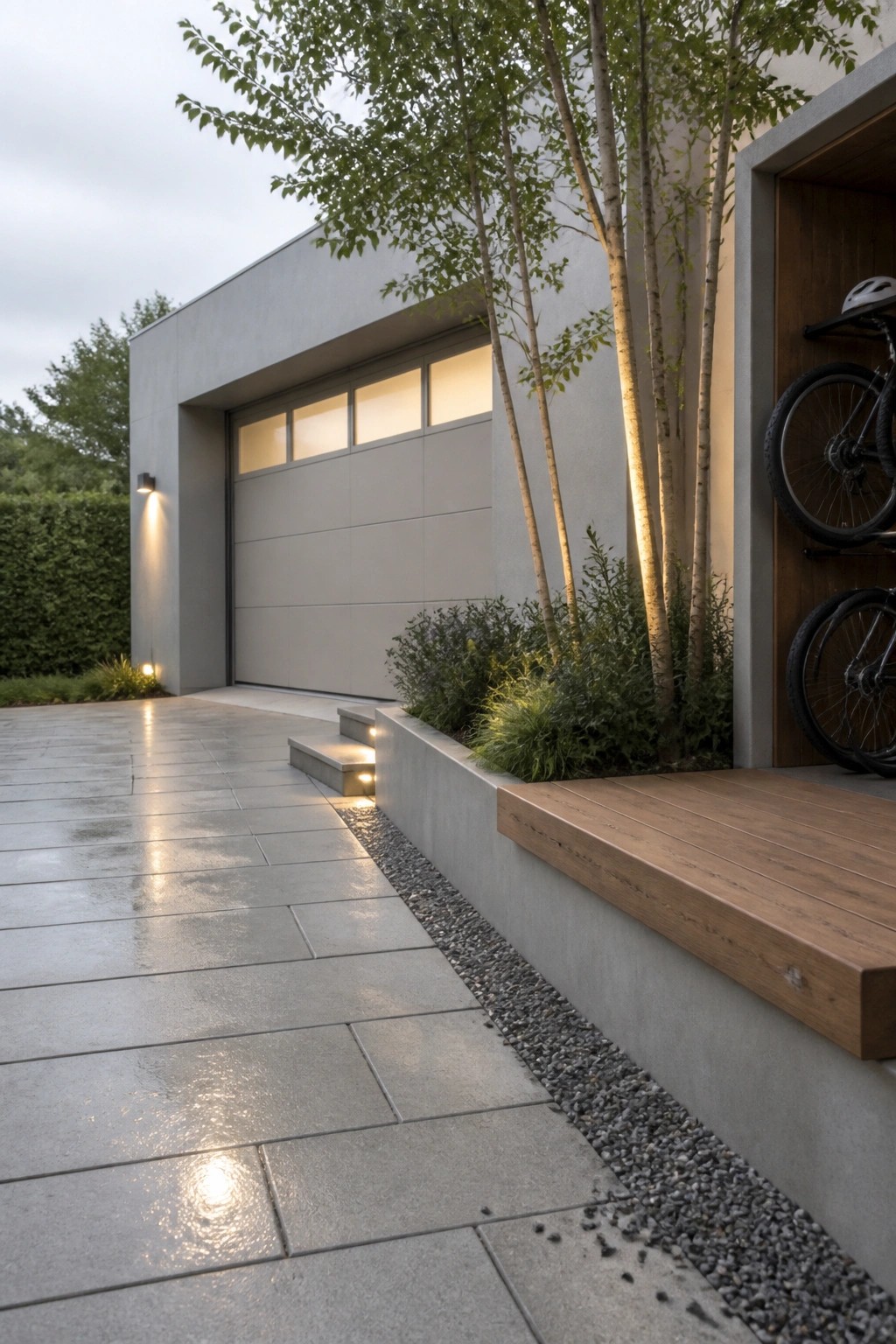 Modern concrete home with garage, wet pavers, lit steps, trees, bench, and bikes
