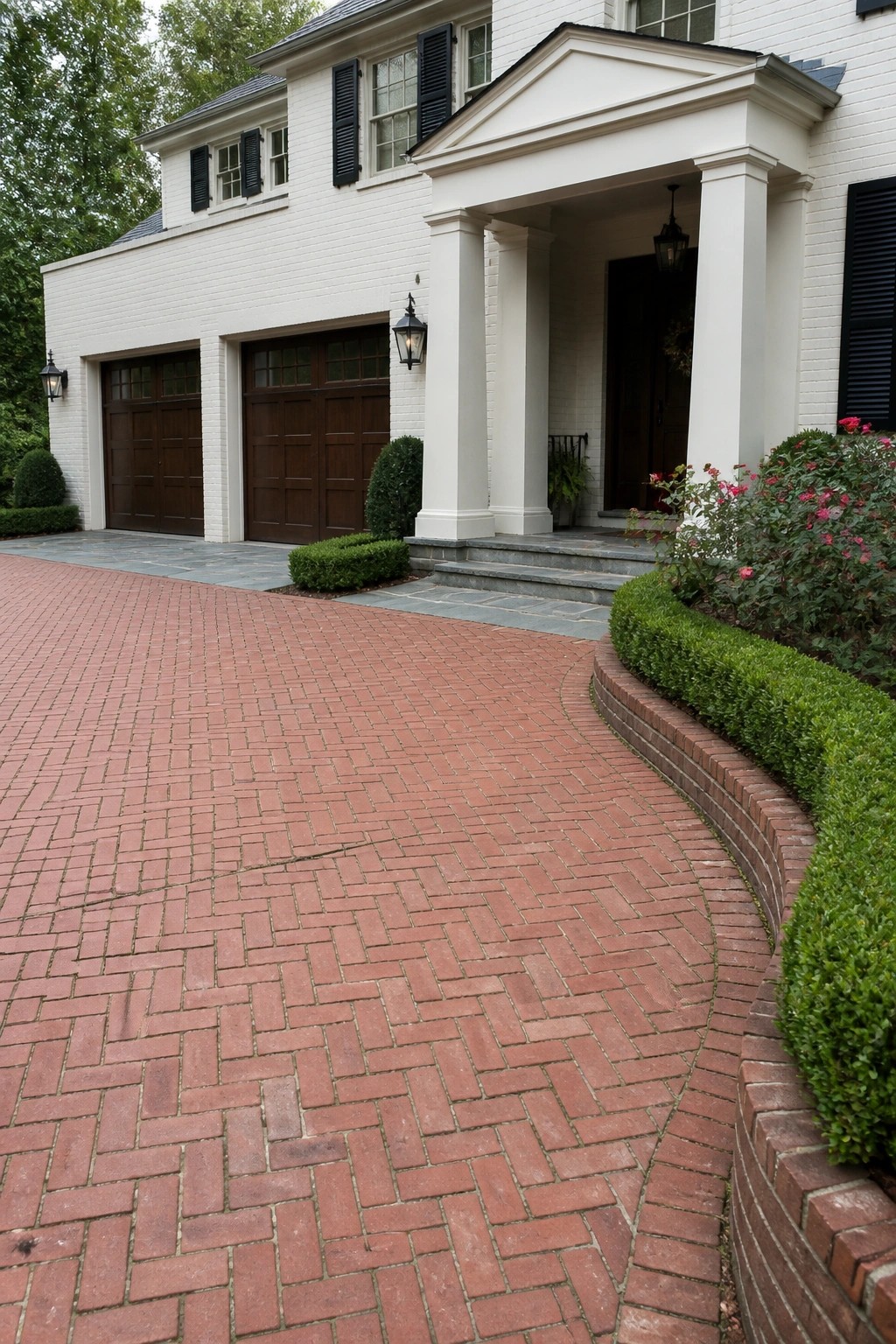 Curved red brick driveway leading to white colonial house with portico.