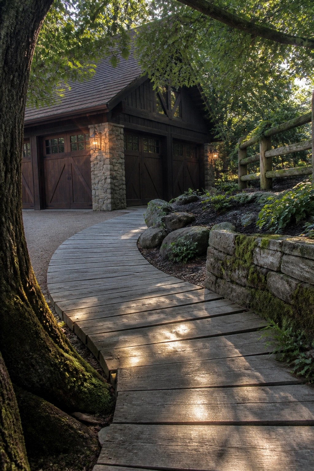 Wooden boardwalk curves past mossy stone wall toward dark timber garage with trees