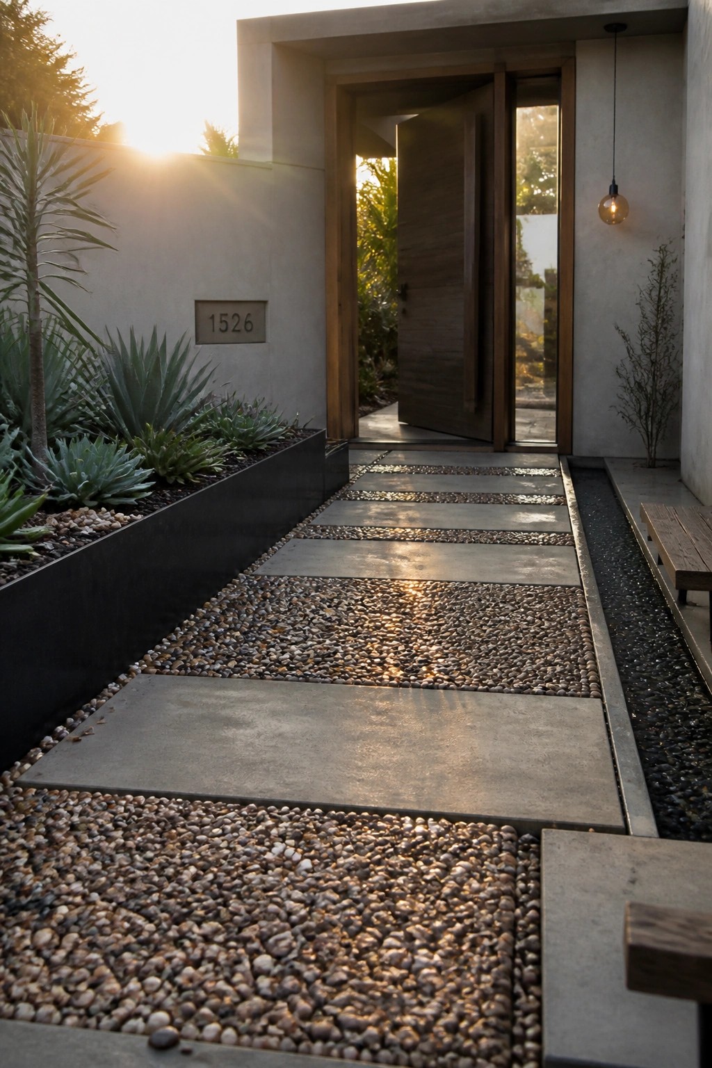 A straight entry path of large concrete pavers set into gravel leads to an open wooden door, with dark planters and low plants along both sides.