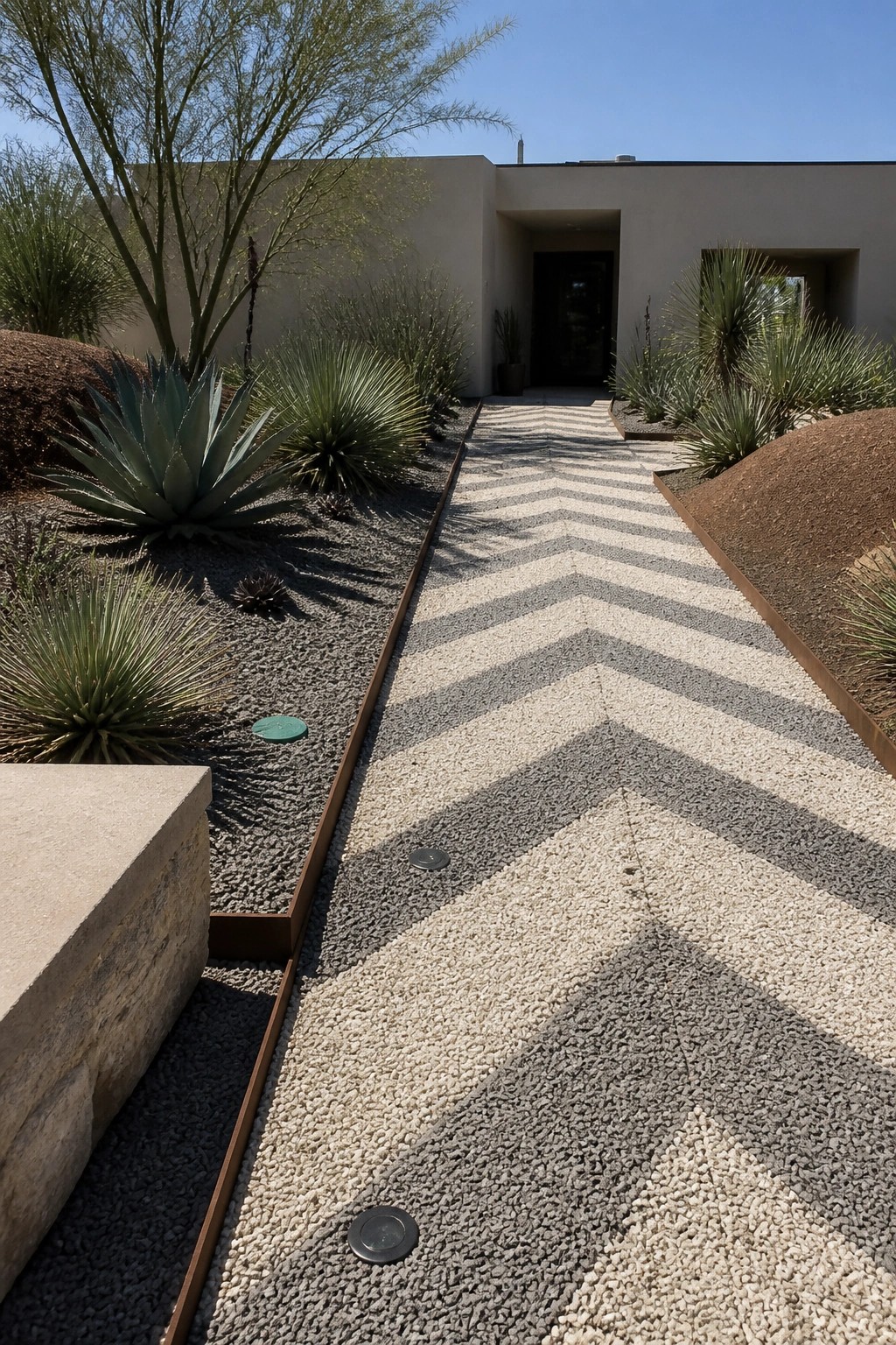Chevron gravel path with desert plants leads to modern minimalist house entrance.
