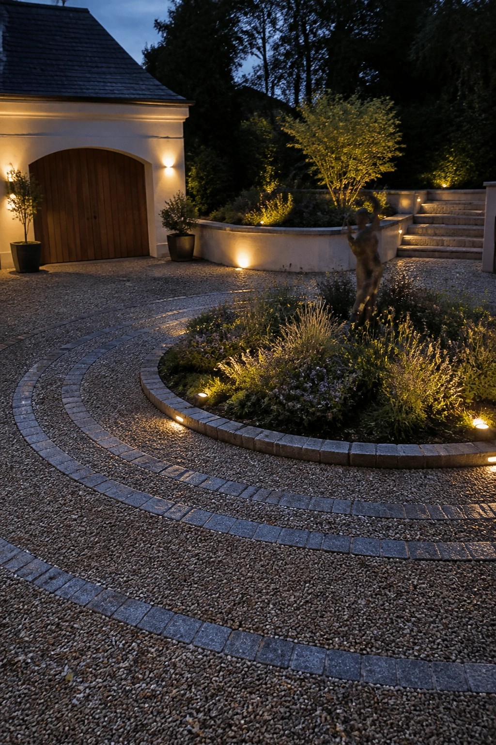 A gravel driveway with concentric circular paver rings surrounding a planted central bed with a statue, positioned in front of a house with an arched wooden garage door at dusk.