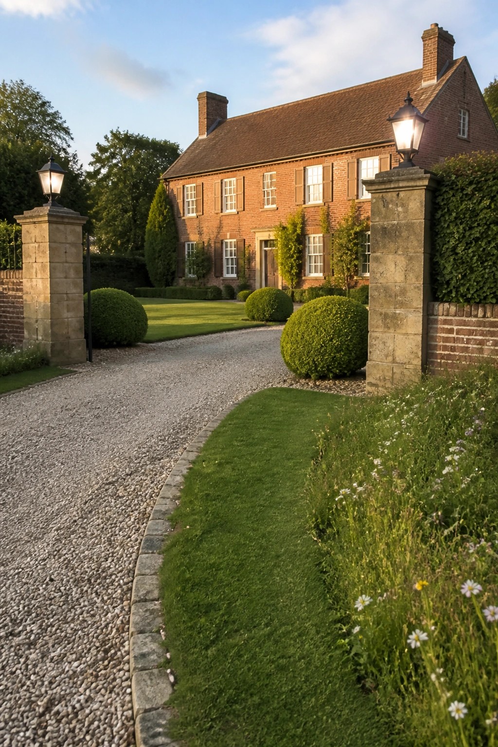 A curved gravel driveway leads to a red brick house, edged with stone and bordered by grass and rounded shrubs.