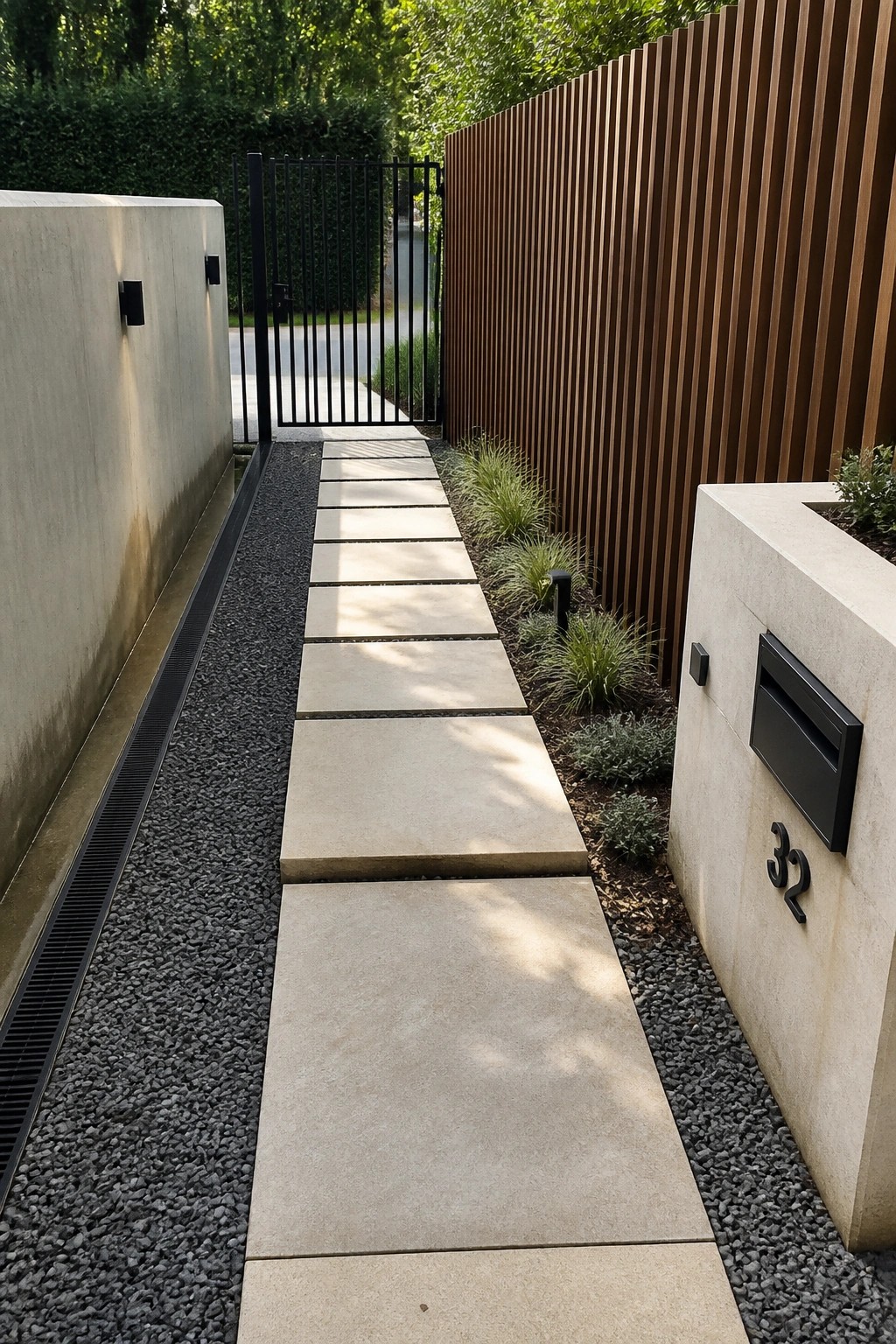 Modern stone paver path on gravel between concrete walls, wooden fence, and gate
