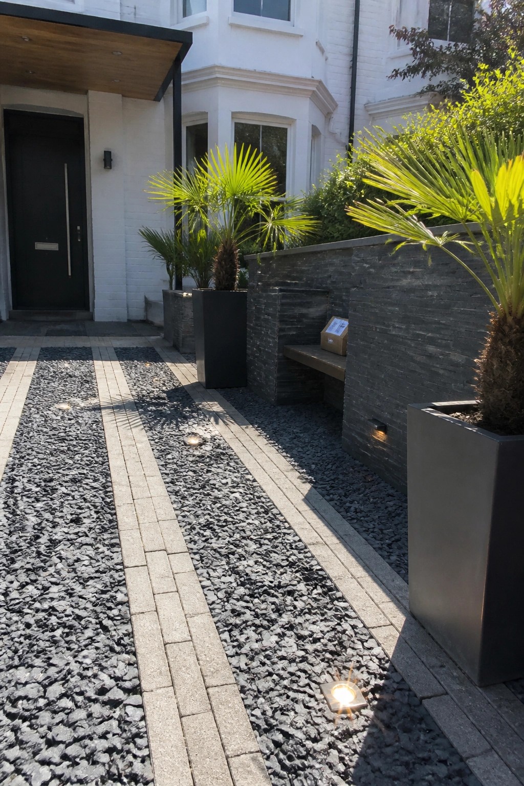 A gravel driveway with two parallel paved stone strips leads toward a black front door on a white brick house, with large potted plants and a dark stone wall on the right.