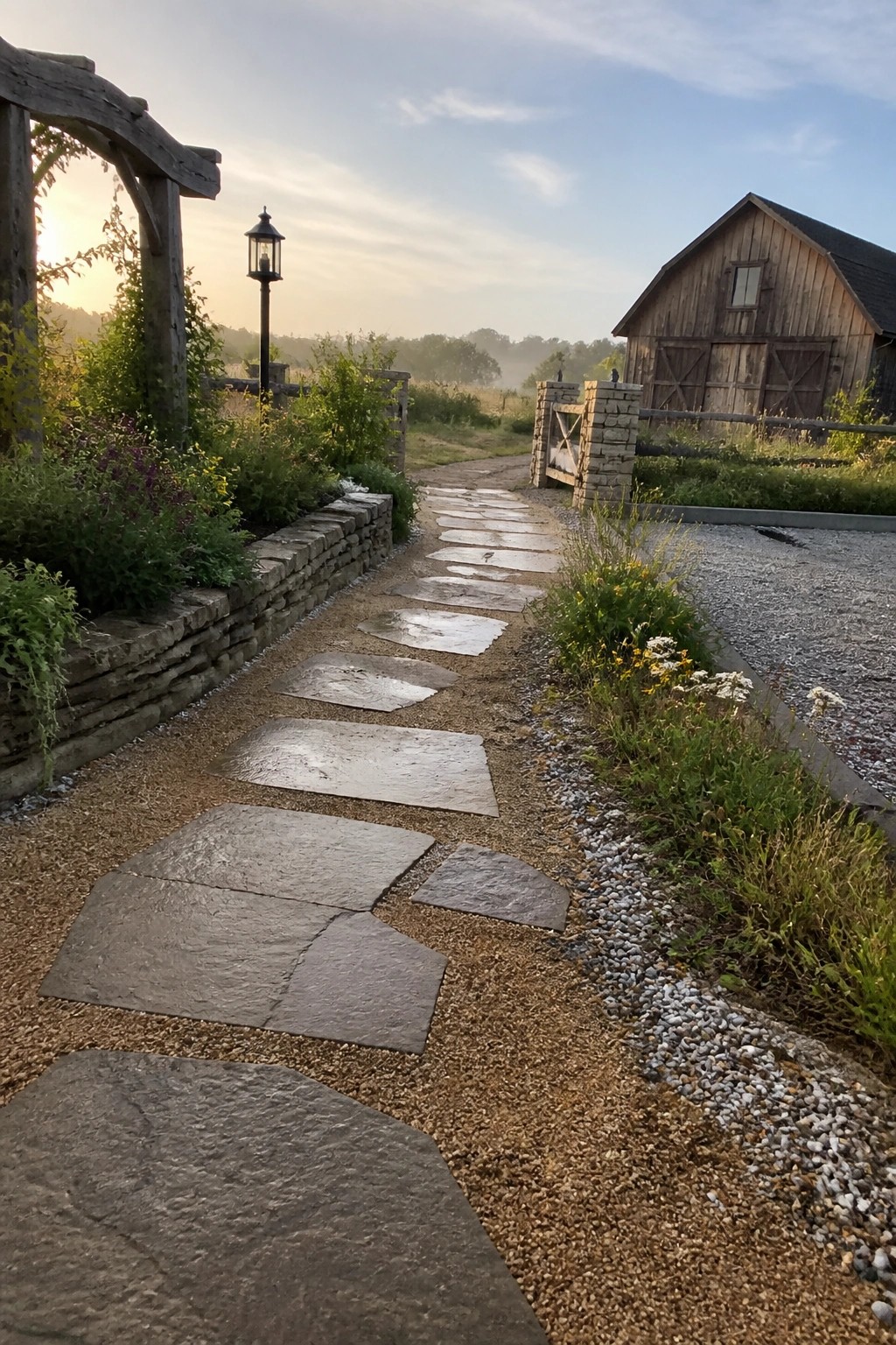 A gravel path with irregular stone pavers runs beside a low stone wall and garden beds toward a wooden barn.