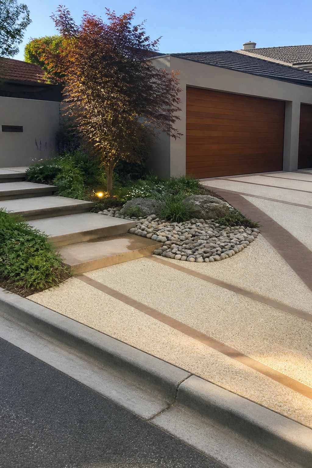 Modern home with wooden garage, striped concrete driveway, stone steps, and red tree in pebble garden.