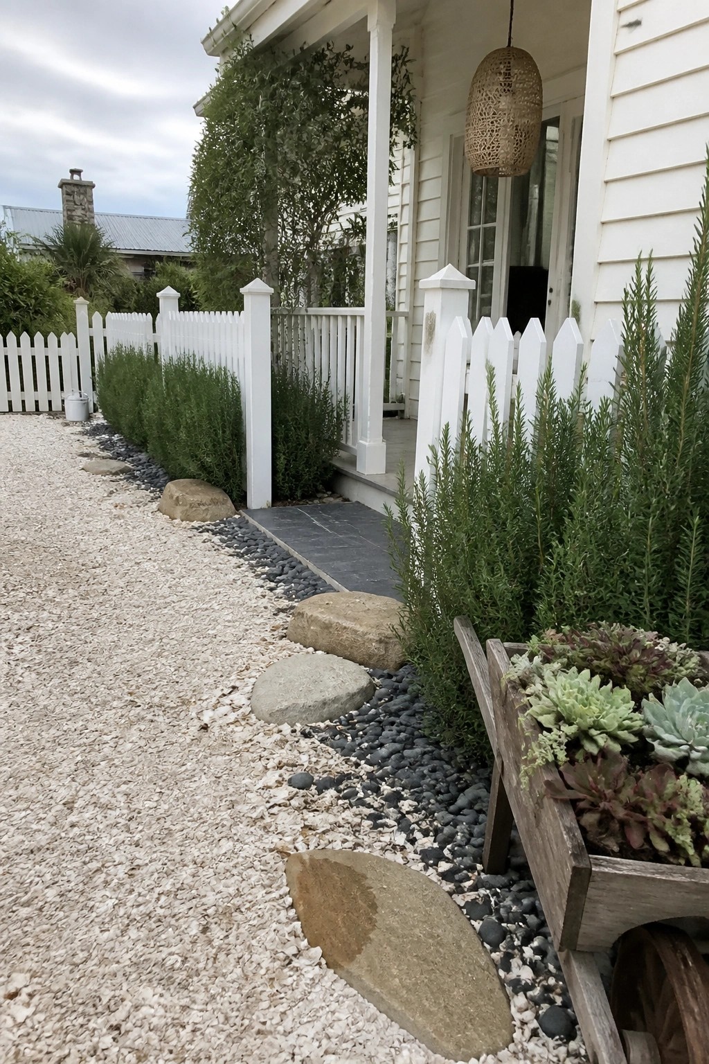 White cottage porch with picket fence, gravel path, stepping stones, and succulent wheelbarrow.