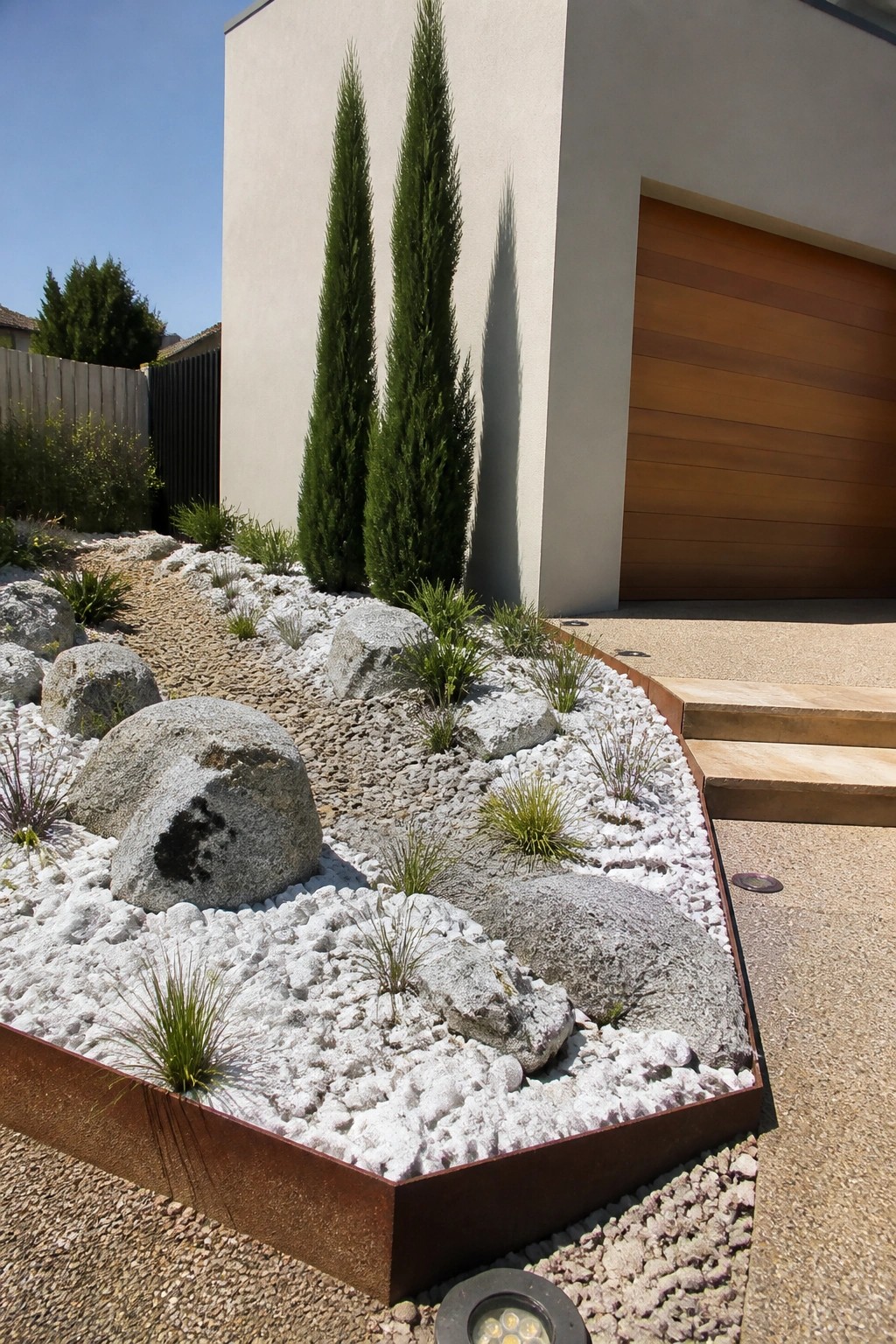 A raised metal-edged bed filled with white gravel, large gray boulders, and scattered grasses sits beside a concrete driveway and modern house with a wooden garage door.