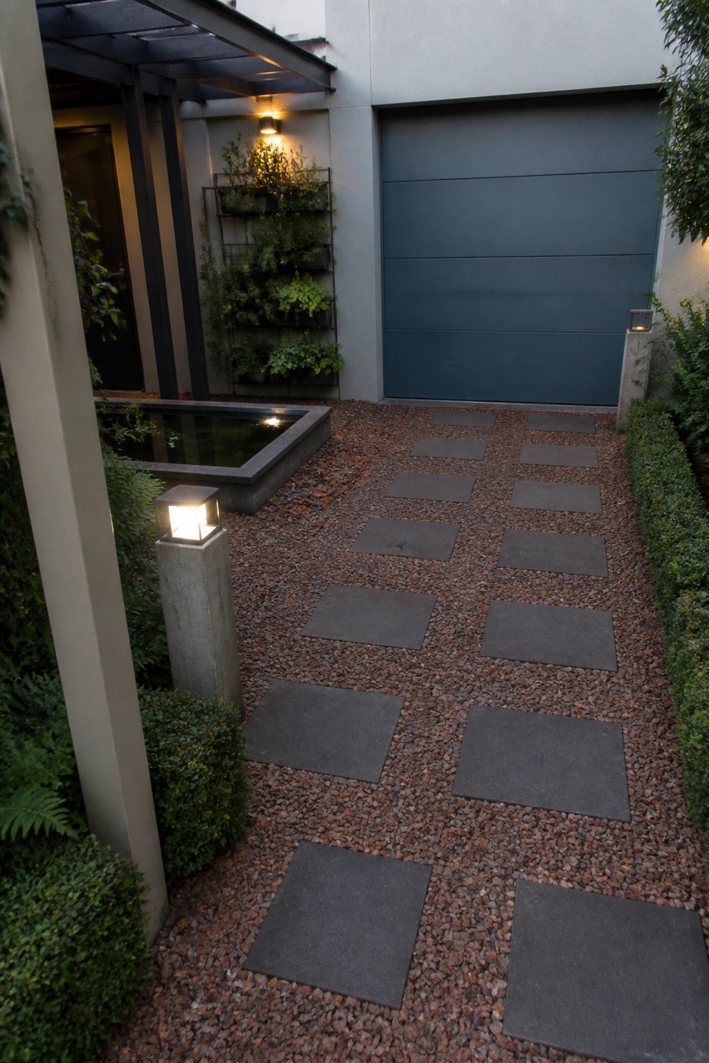 A gravel path lined with dark square stepping stones leads toward a large garage door, with a small pond and vertical garden on the left side.