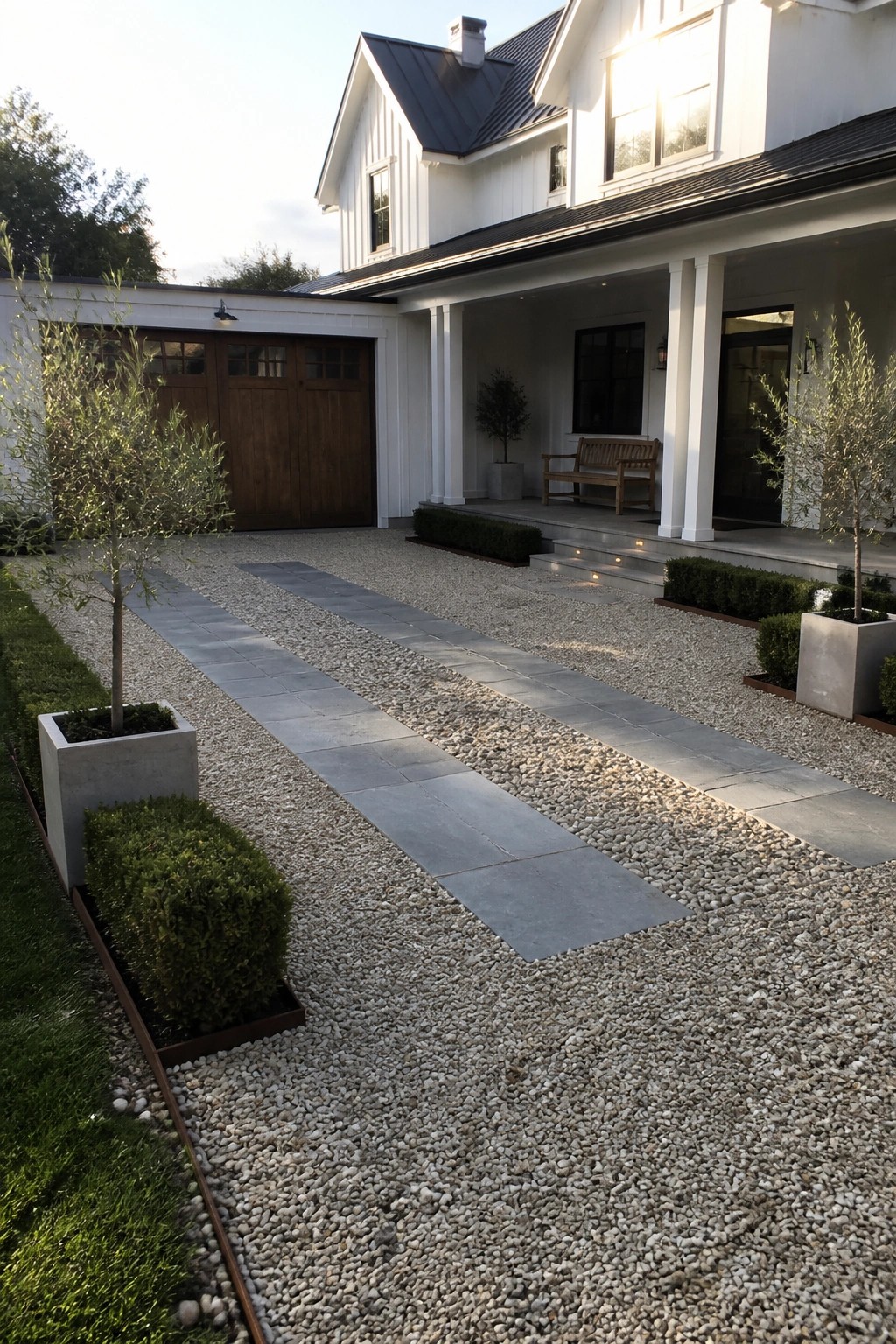A gravel driveway with parallel strips of large gray stone pavers leading toward a white house with a wooden garage and covered porch.