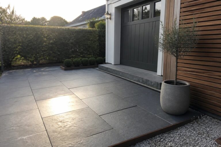 20 Budget Friendly Parking Tiles Ideas That Still Look High End A front entry paved with large dark gray tiles leading to a black door, with a concrete pot holding a small tree and a wooden slat screen on the right.