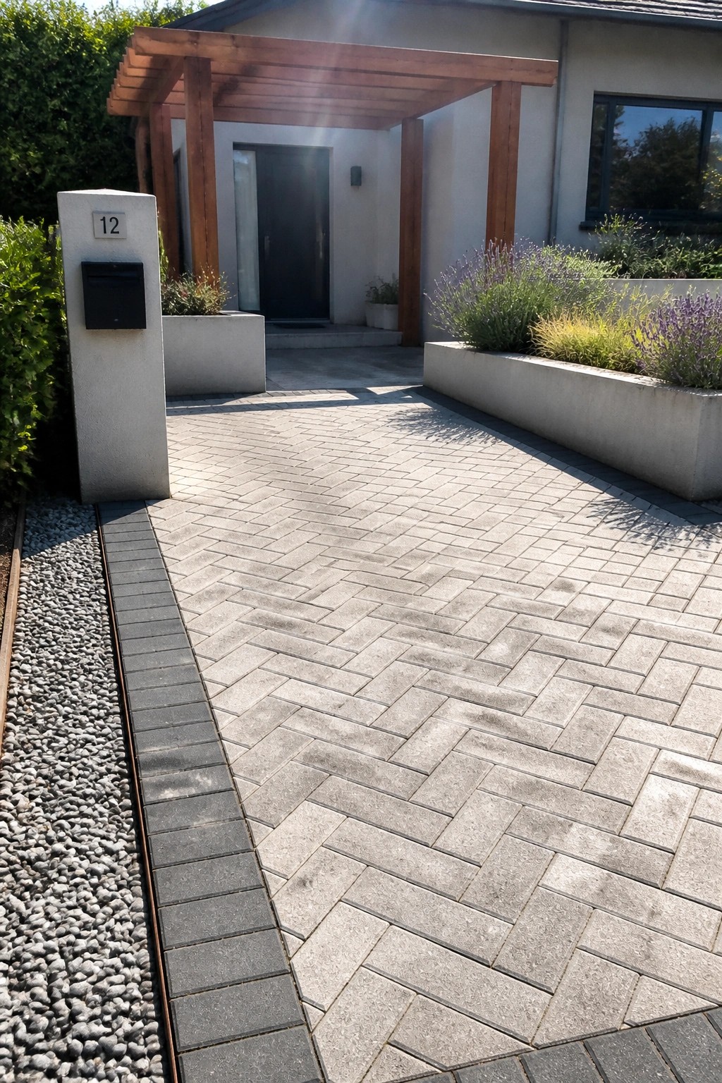 A herringbone patterned concrete driveway leads to a modern house entrance with a wooden pergola, a numbered concrete mailbox pillar, and planted beds on both sides.