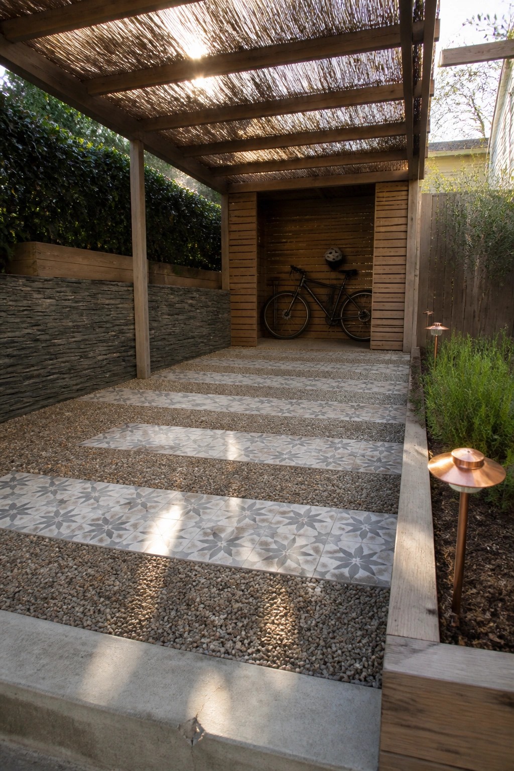 A garden path of alternating patterned tile strips and gravel leads under a wooden pergola to a bicycle parked against a slatted wall.