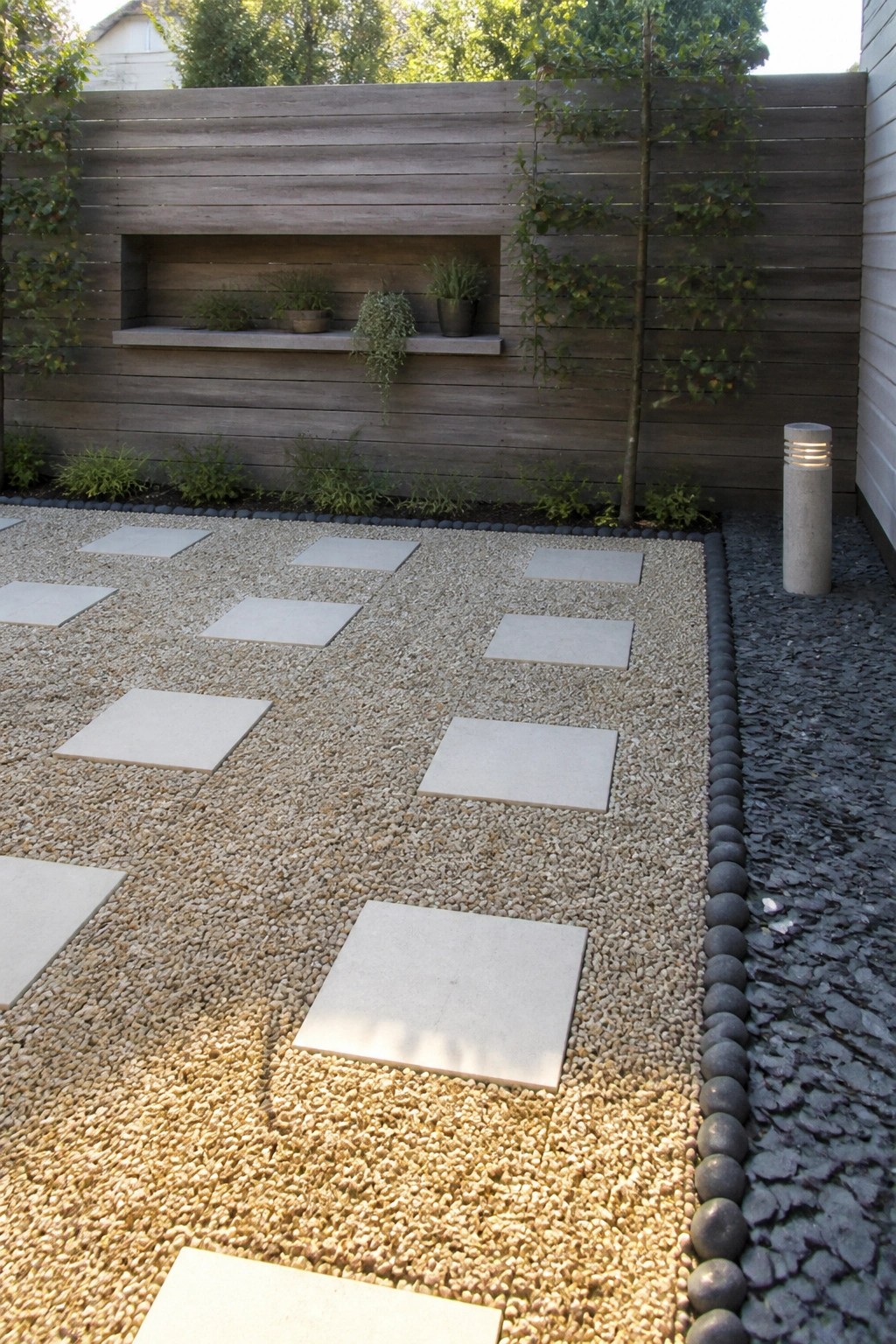 A gravel path with large square concrete pavers, bordered by dark pebbles, next to a wooden fence with a recessed shelf holding plants.