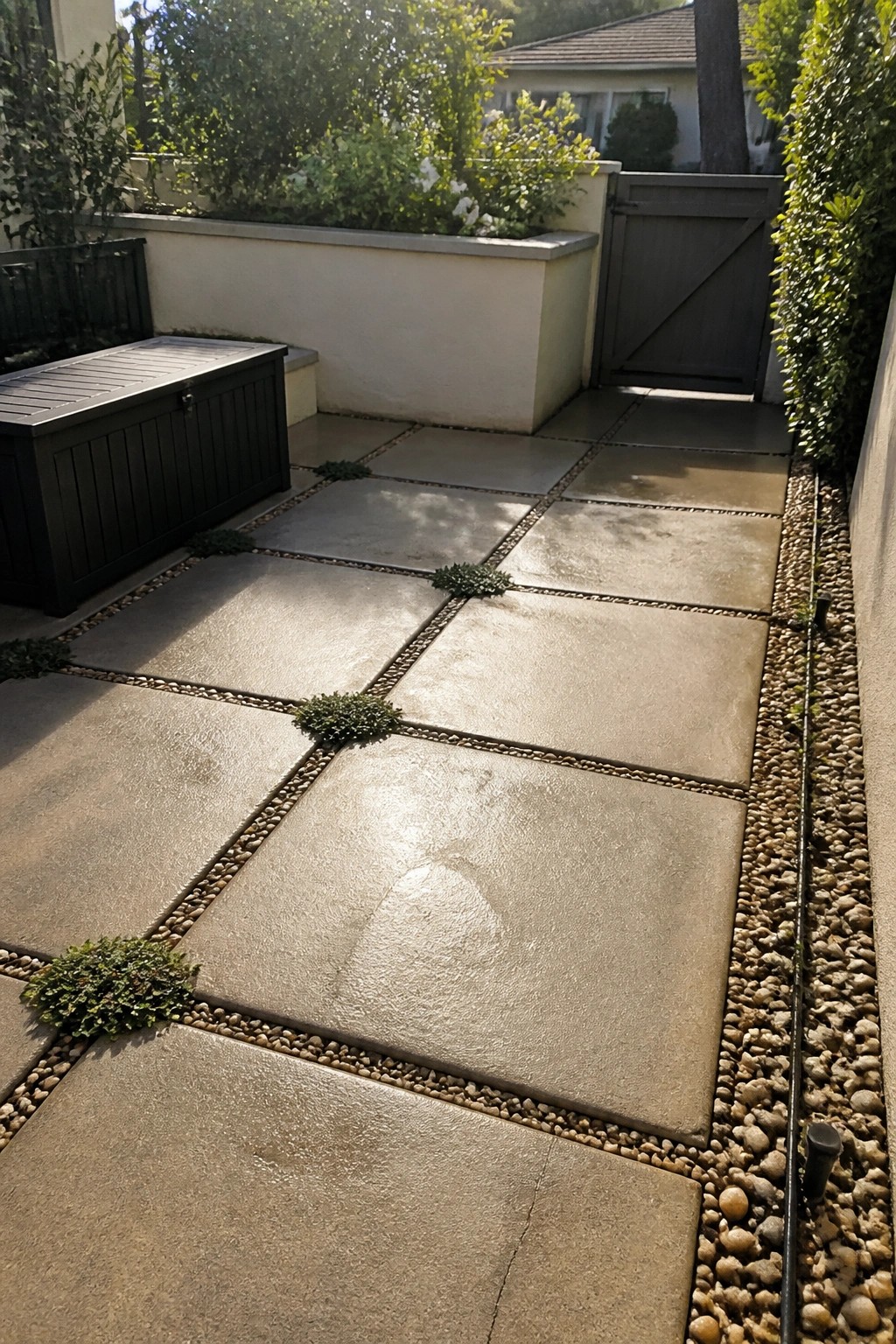 A backyard patio made of large square concrete pavers with rows of small pebbles in the joints and gravel borders along the sides.