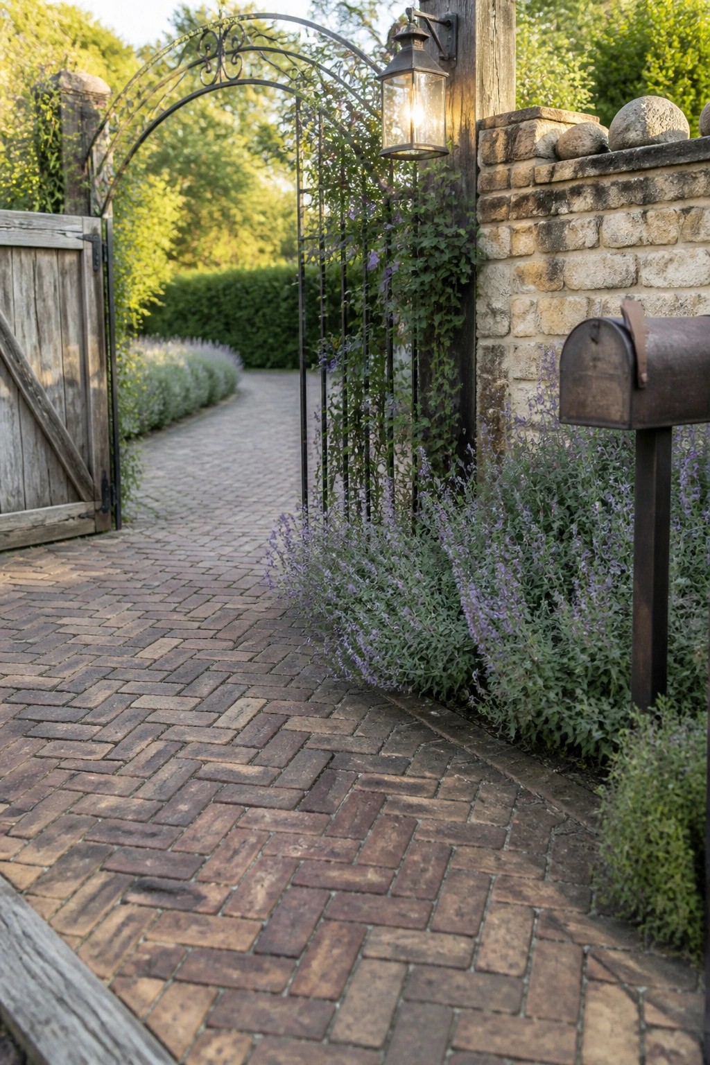 A herringbone brick path curves through an open black metal gate next to a stone wall, with lavender bushes along the edge, a lantern mounted on a post, and a mailbox nearby.