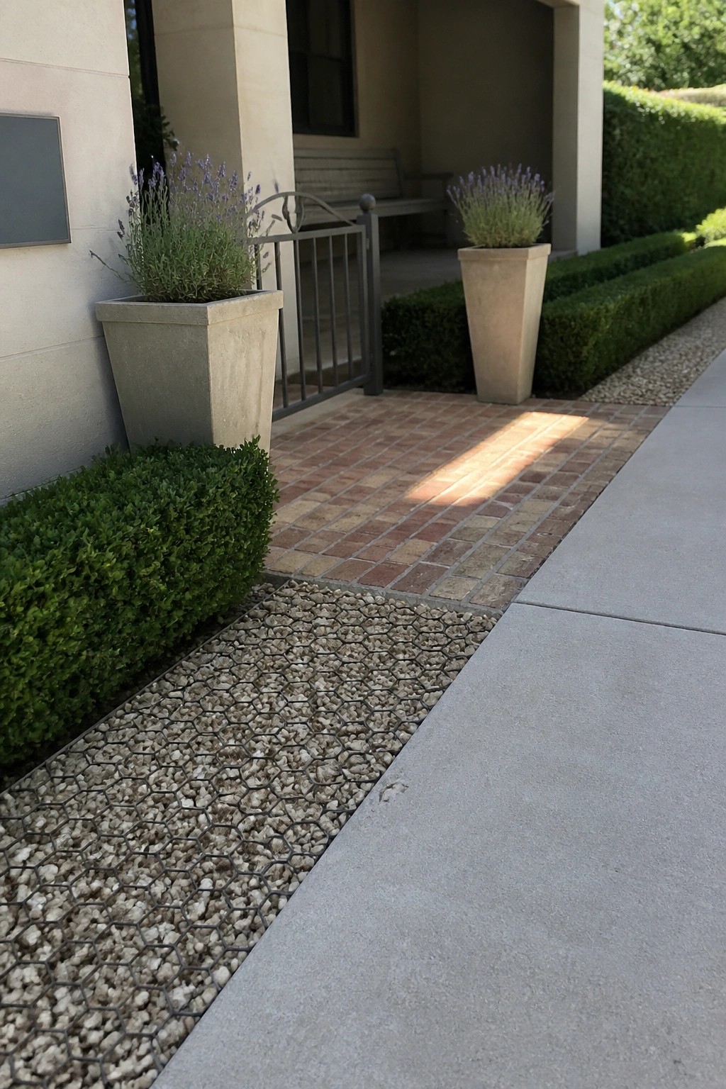 A brick driveway entrance with a gravel strip in a metal hexagonal grid, bordered by concrete paving, large stone planters with lavender, and trimmed green hedges beside a house wall.