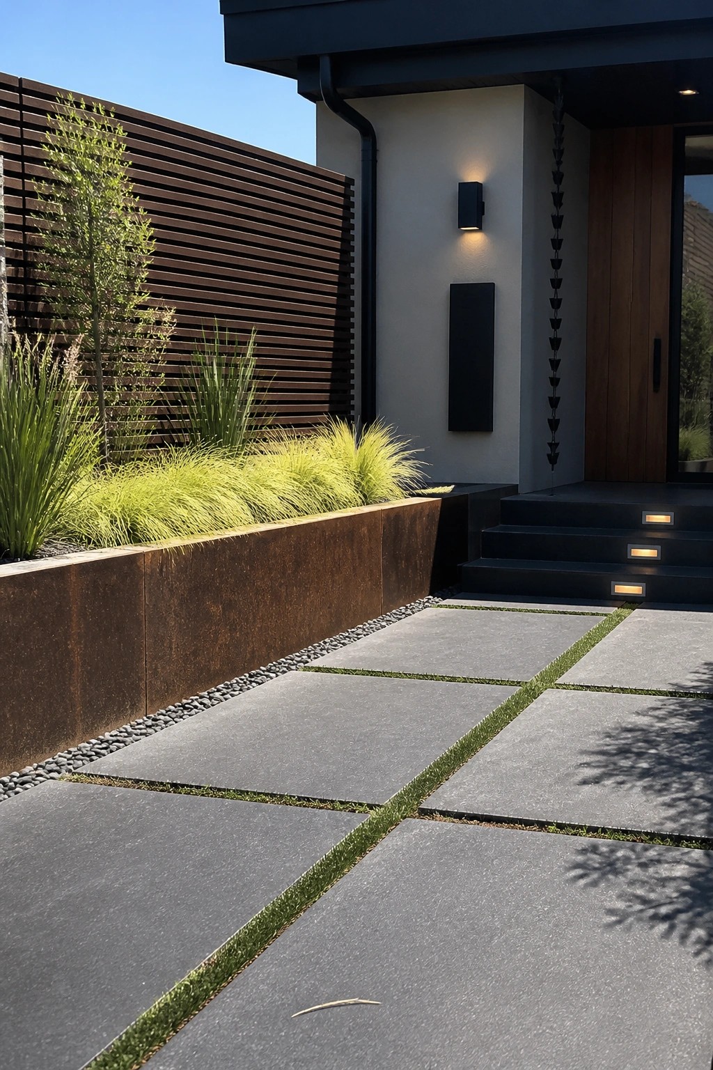 Large gray concrete pavers with grass joints lead to dark steps at a modern house entrance, bordered by a rusted steel planter holding tall ornamental grasses.