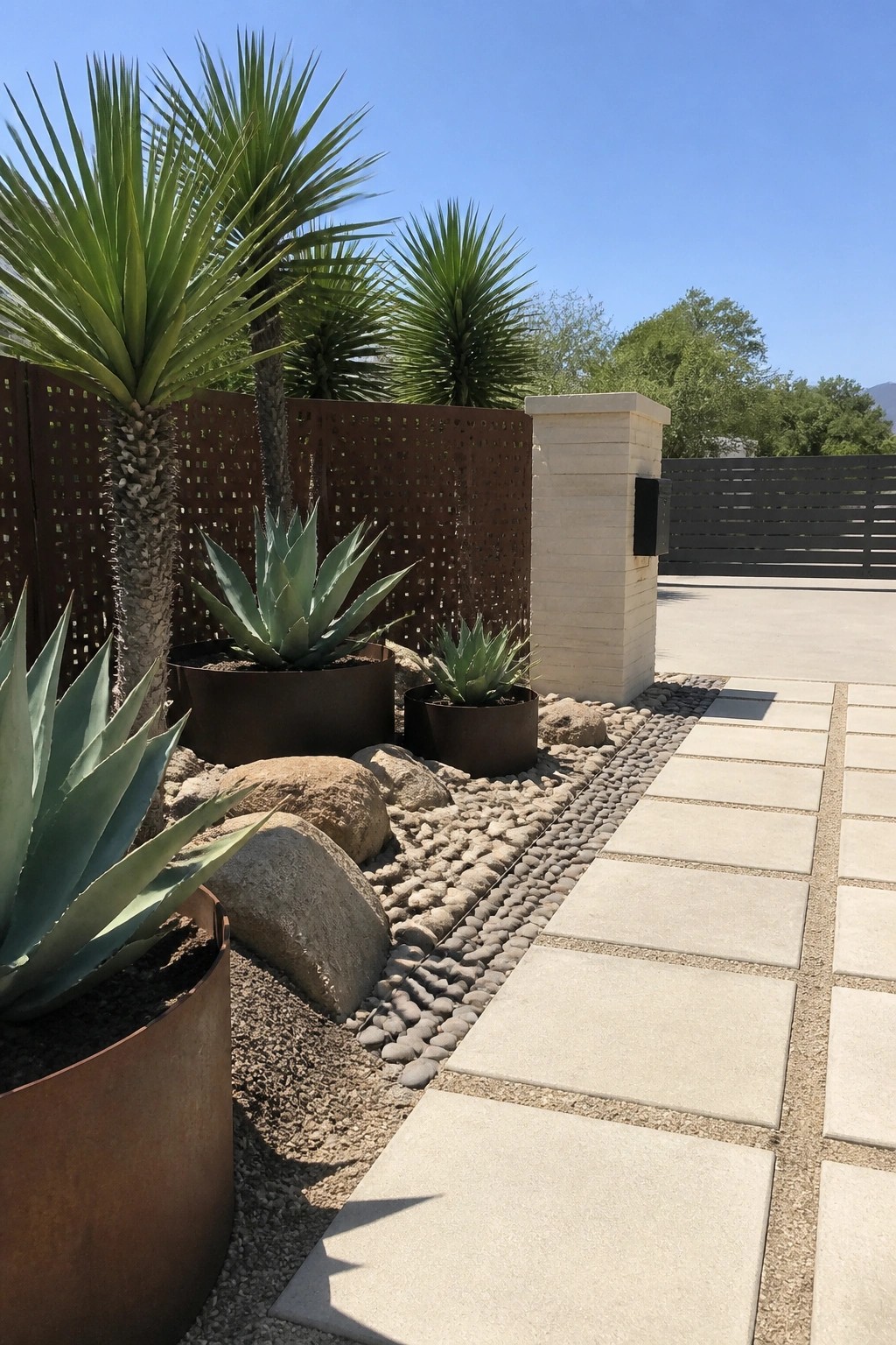 Concrete paver path bordered by gravel, rocks, and rusted metal planters with agave plants next to a metal screen and stone pillar.