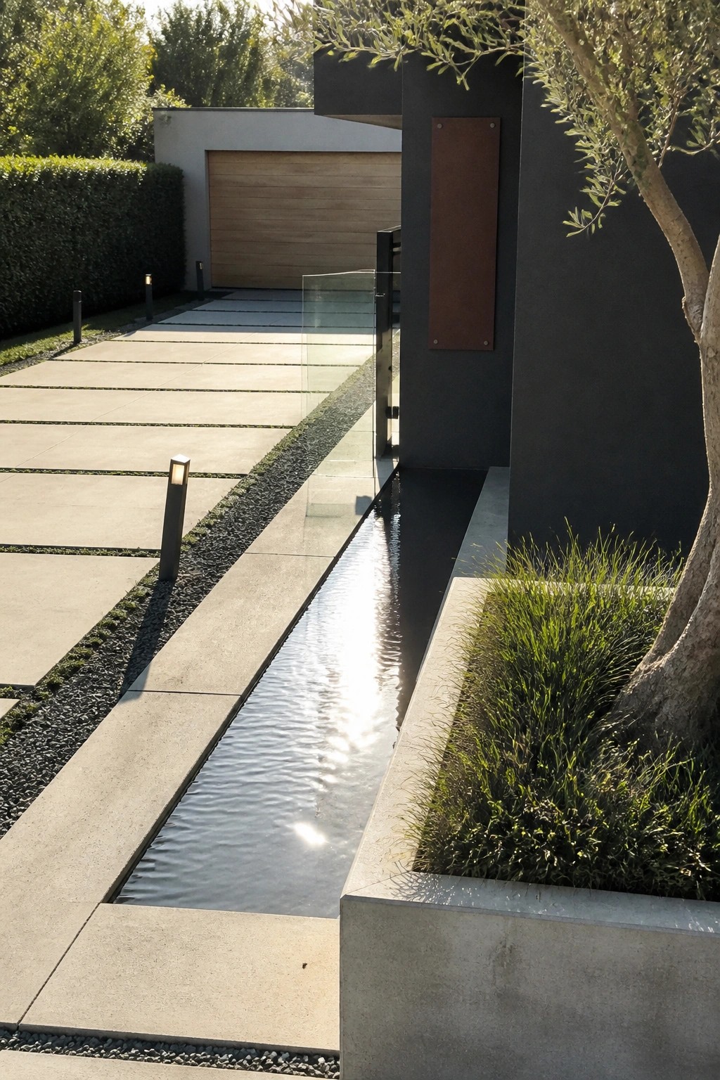 A modern concrete driveway with a long narrow water channel running alongside it, bordered by gravel and low planting, next to a dark building with a wooden garage door.