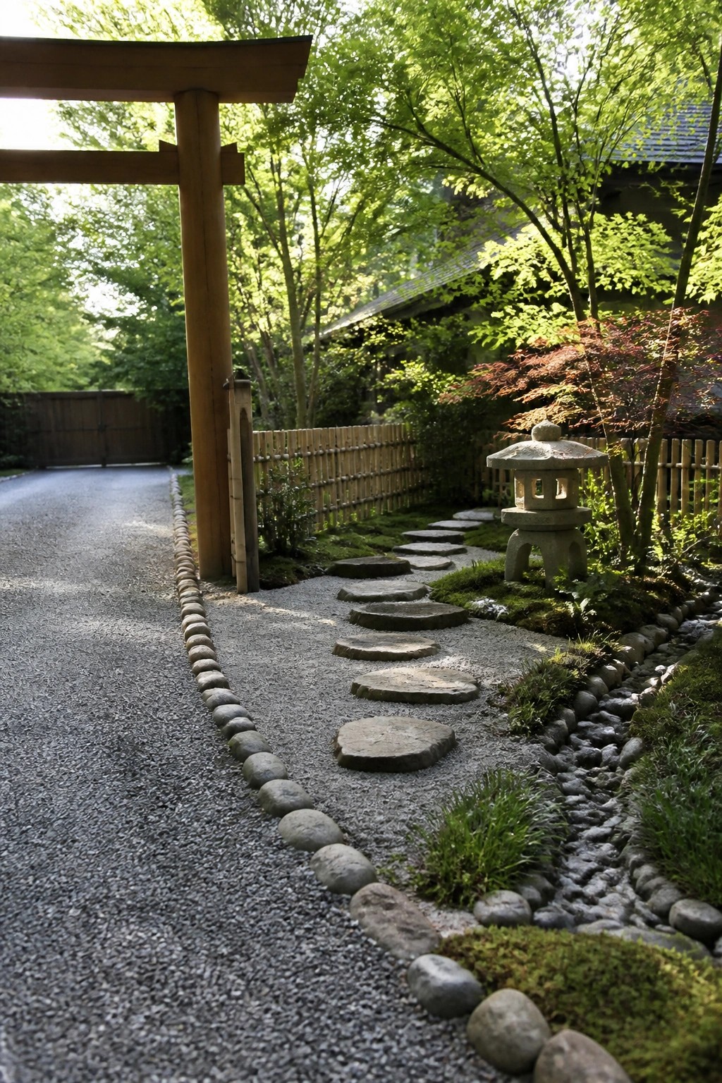 Japanese garden with torii gate, gravel path, stepping stones, stone lantern, and bamboo fence