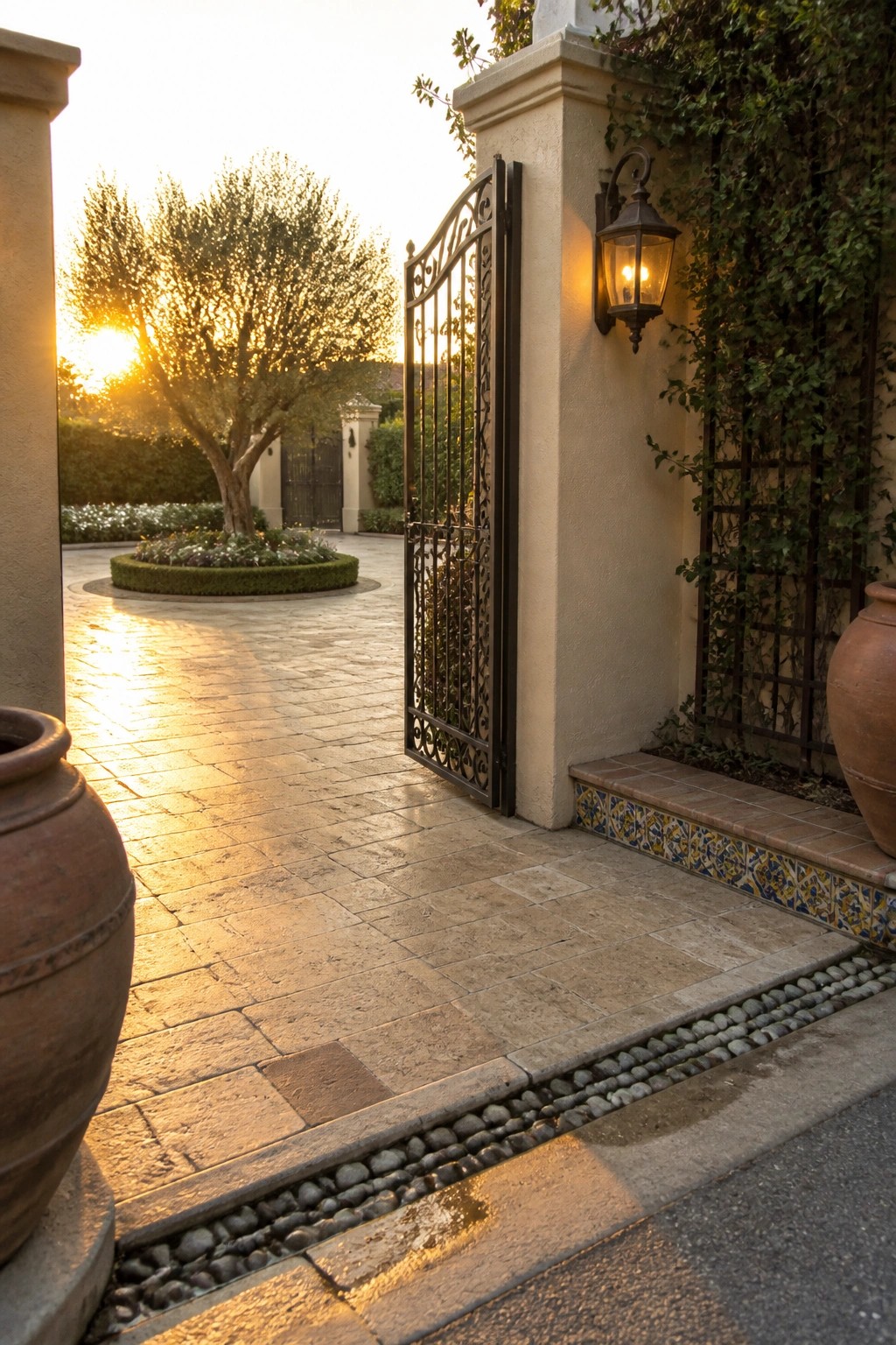 Open ornate wrought-iron gate at sunset in stone courtyard with glowing lantern and pots.