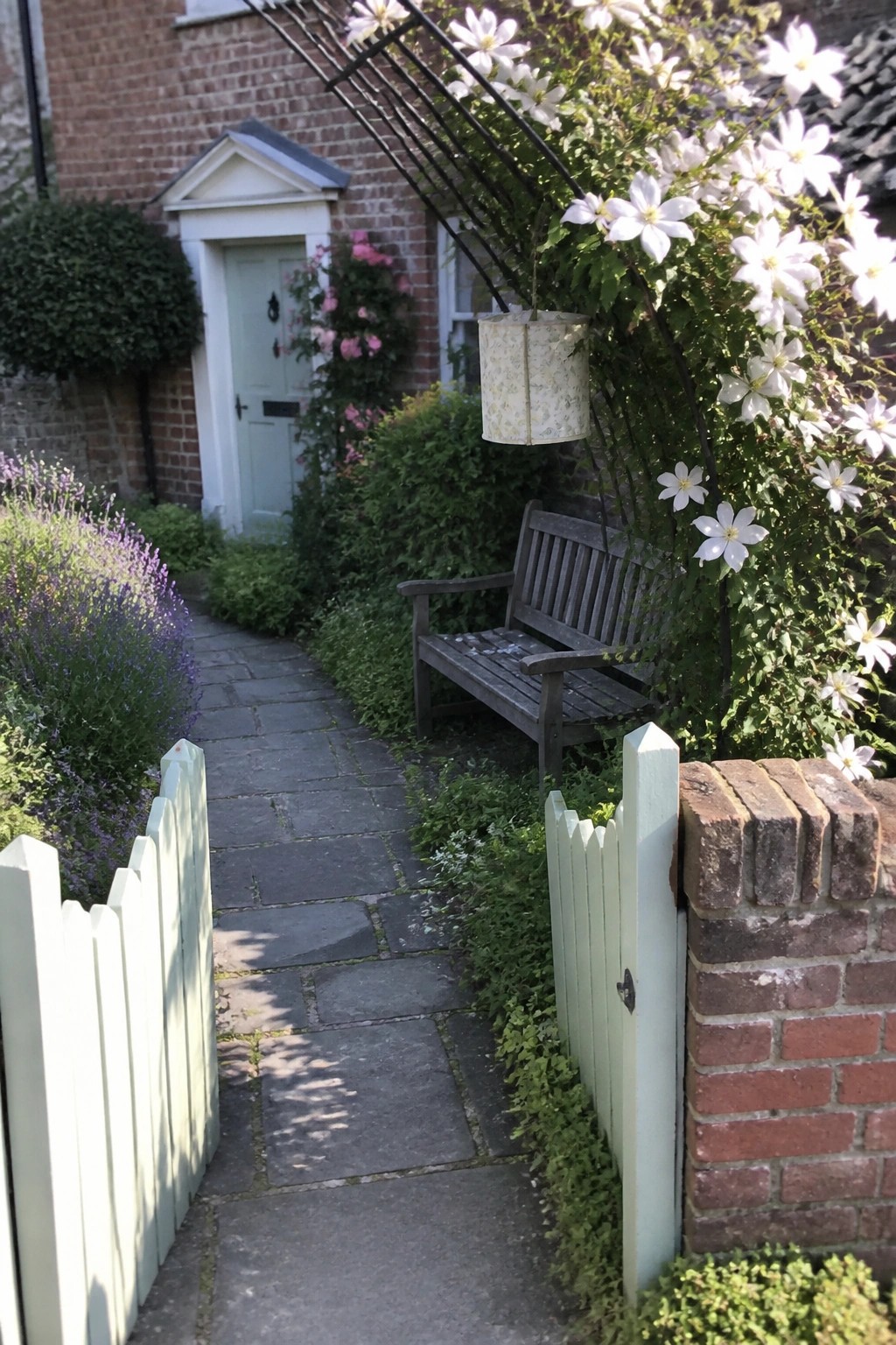 A light green wooden picket gate stands open at the start of a stone path leading to a brick house, with white flowers on an arch and a wooden bench visible beyond.