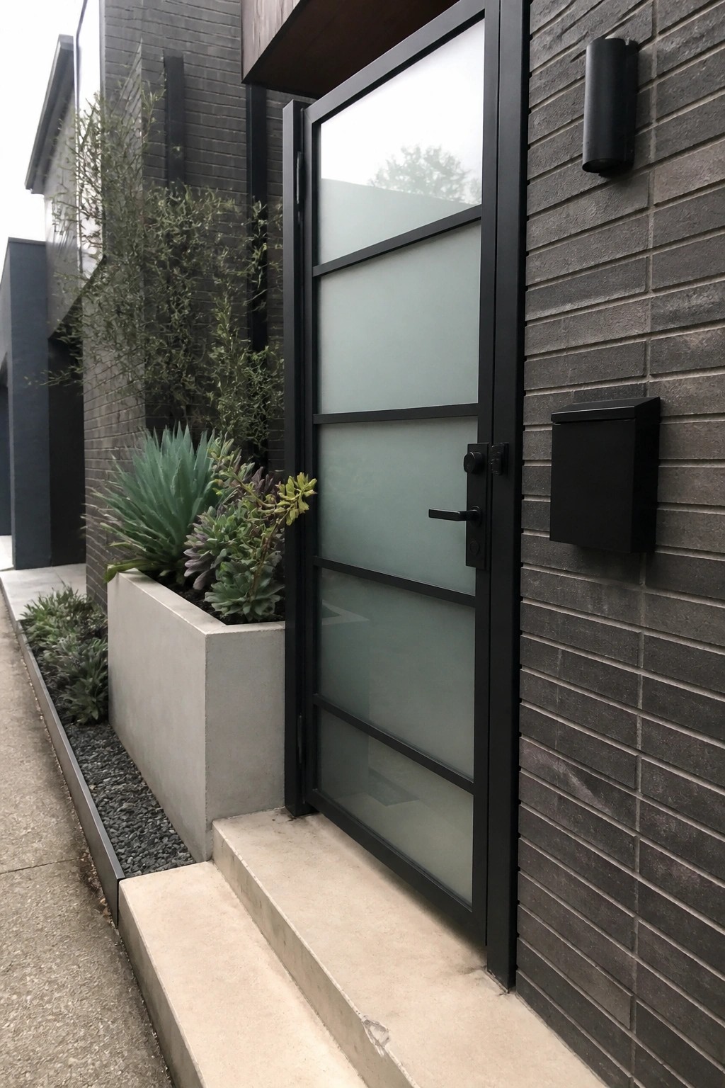 A black metal door with four frosted glass panels on a dark brick wall, next to concrete steps and a wall-mounted mailbox.