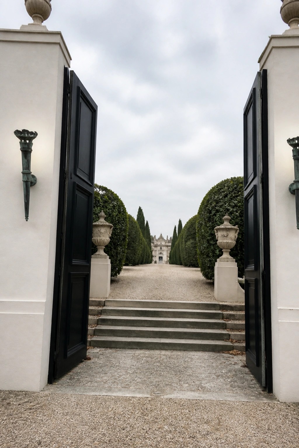 Open black gates frame stone steps, gravel path, and distant mansion amid hedges.