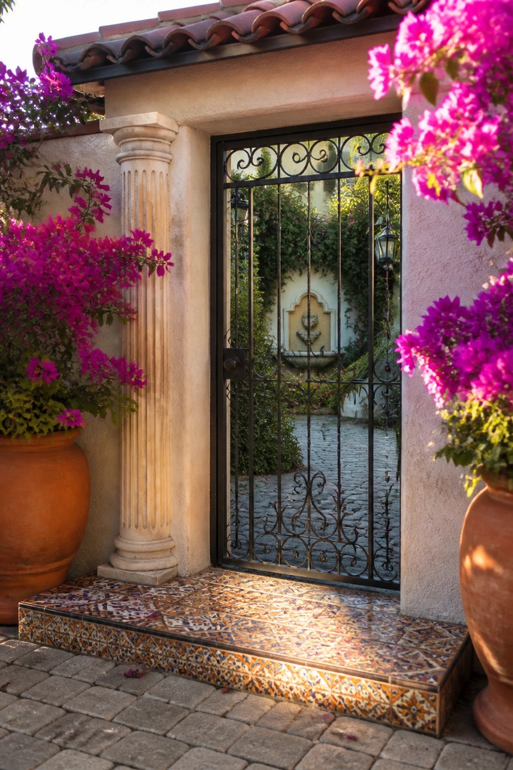 Ornate wrought iron gate flanked by pink bougainvillea in terracotta pots on tiled steps