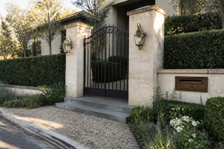 Stone pillars flank a black ornate wrought iron gate at a home entrance with lanterns, the number 21, and a wooden mailbox.
