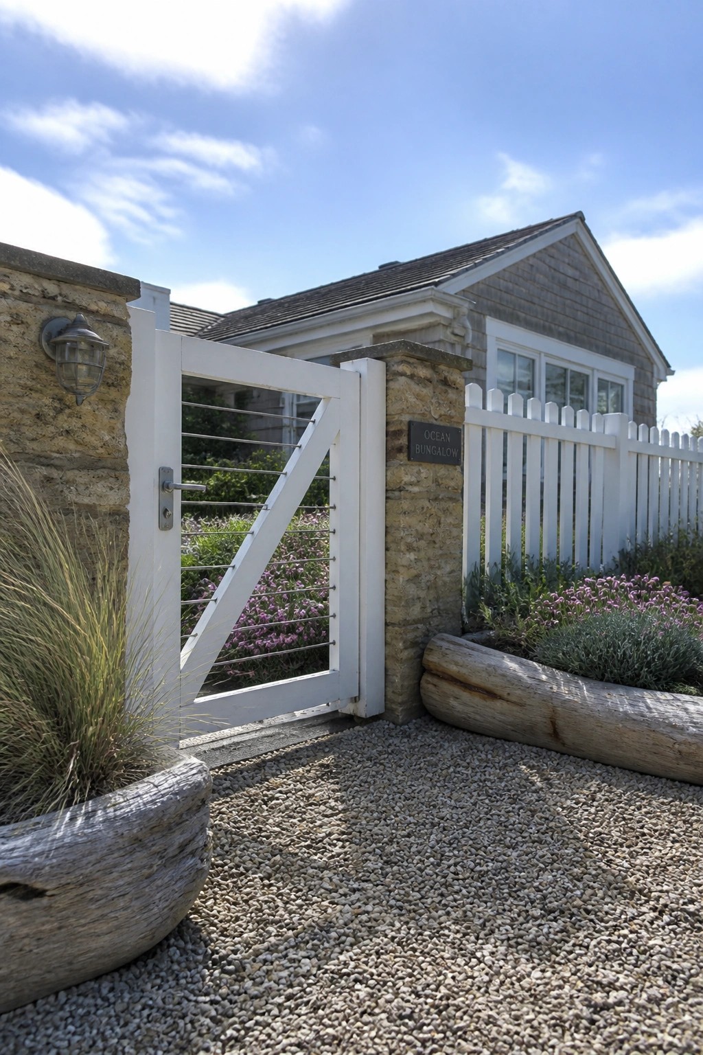 A white gate with horizontal metal cables stands open between stone pillars beside a gravel path and a white picket fence.