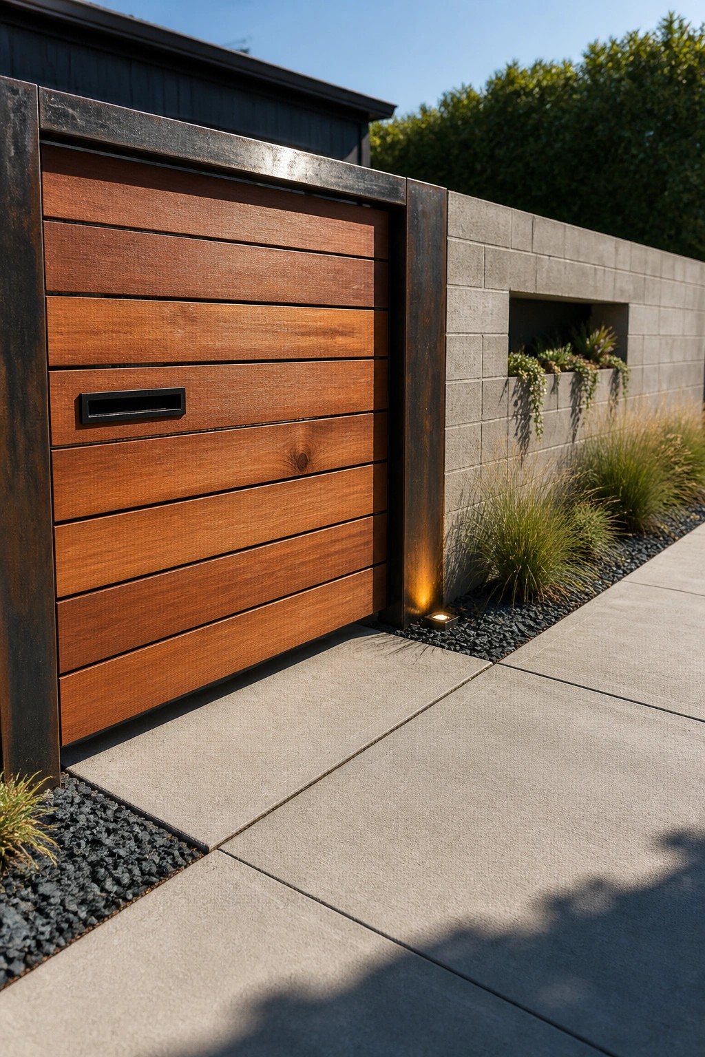 Modern wooden gate with horizontal slats, mail slot, concrete wall, and pathway lights