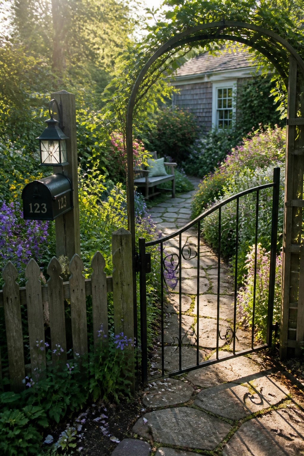 An open black metal gate with scrollwork stands between wooden posts at the entrance to a stone path lined with flowers and greenery.