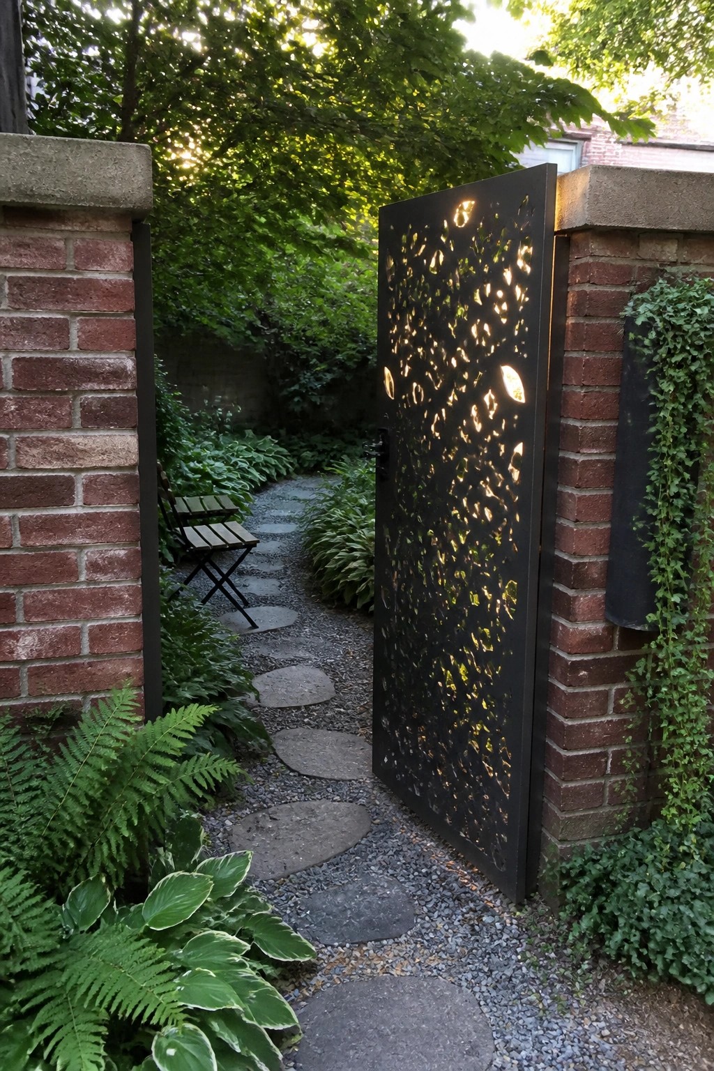 A black metal gate with irregular cutouts stands open between brick pillars, revealing a stone path through a garden.