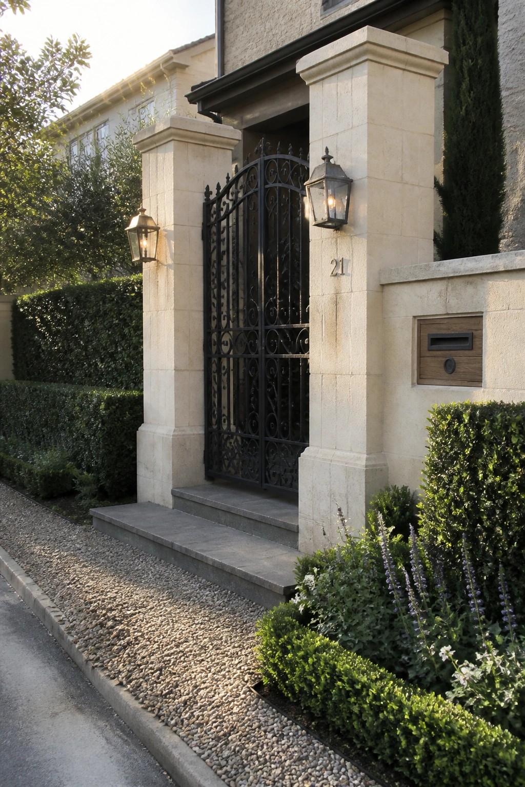 Stone pillars flank a black ornate wrought iron gate at a home entrance with lanterns, the number 21, and a wooden mailbox.