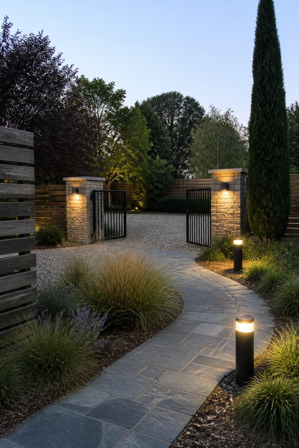 Open black metal gates sit between two stone pillars with built-in lights, leading to a gravel driveway, with a curved stone path and additional path lights in the foreground garden.