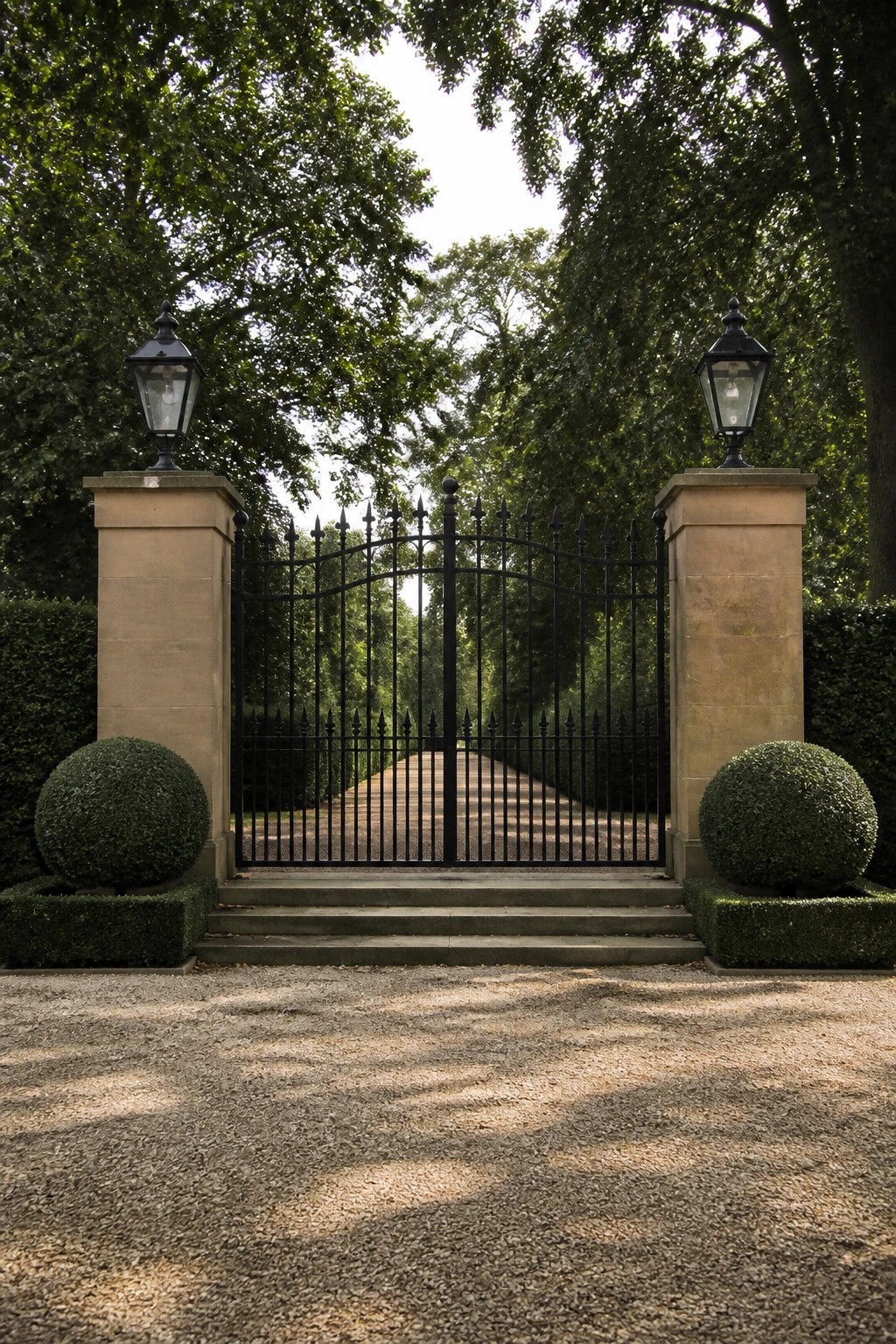 A black wrought iron gate with pointed tops stands between two light stone pillars, each topped with a black lantern, with stone steps leading up to the gate and round shrubs at the base.
