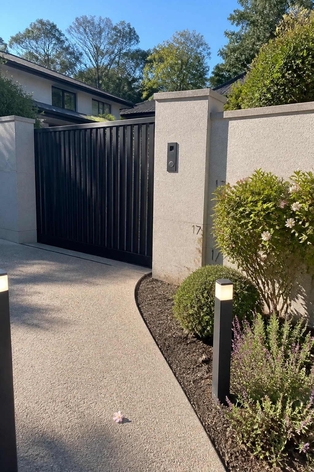 Modern black vertical-slat gate at driveway entrance with concrete pillars, intercom, and garden lights