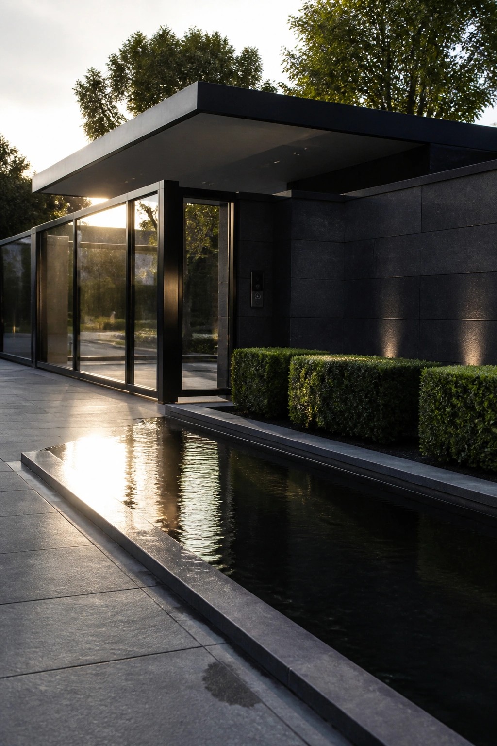 Modern black glass building with long reflecting pool and green hedges at sunset