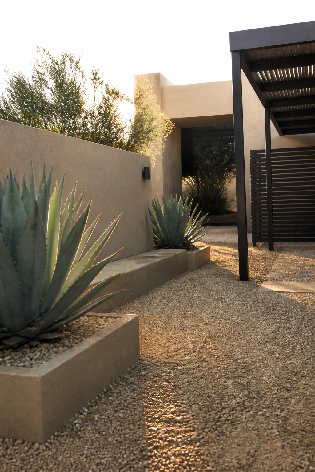 A pea gravel path runs alongside concrete planters filled with agave plants next to a beige stucco wall and dark metal pergola.