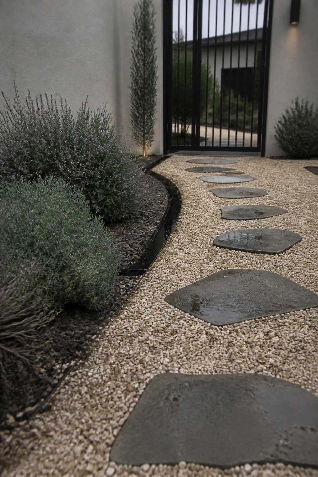 A pea gravel path with large irregular stepping stones, bordered by shrubs and leading toward a black metal gate.