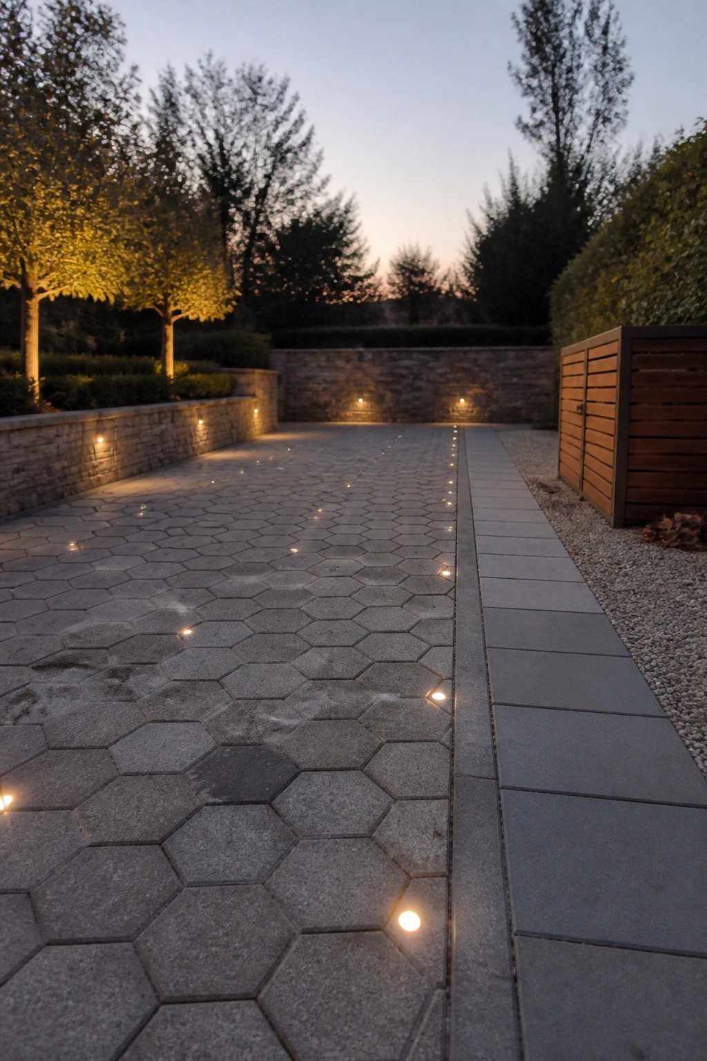 A wide driveway made of gray hexagonal interlocking pavers with small inset lights along both edges, bordered by stone walls and trees at dusk.
