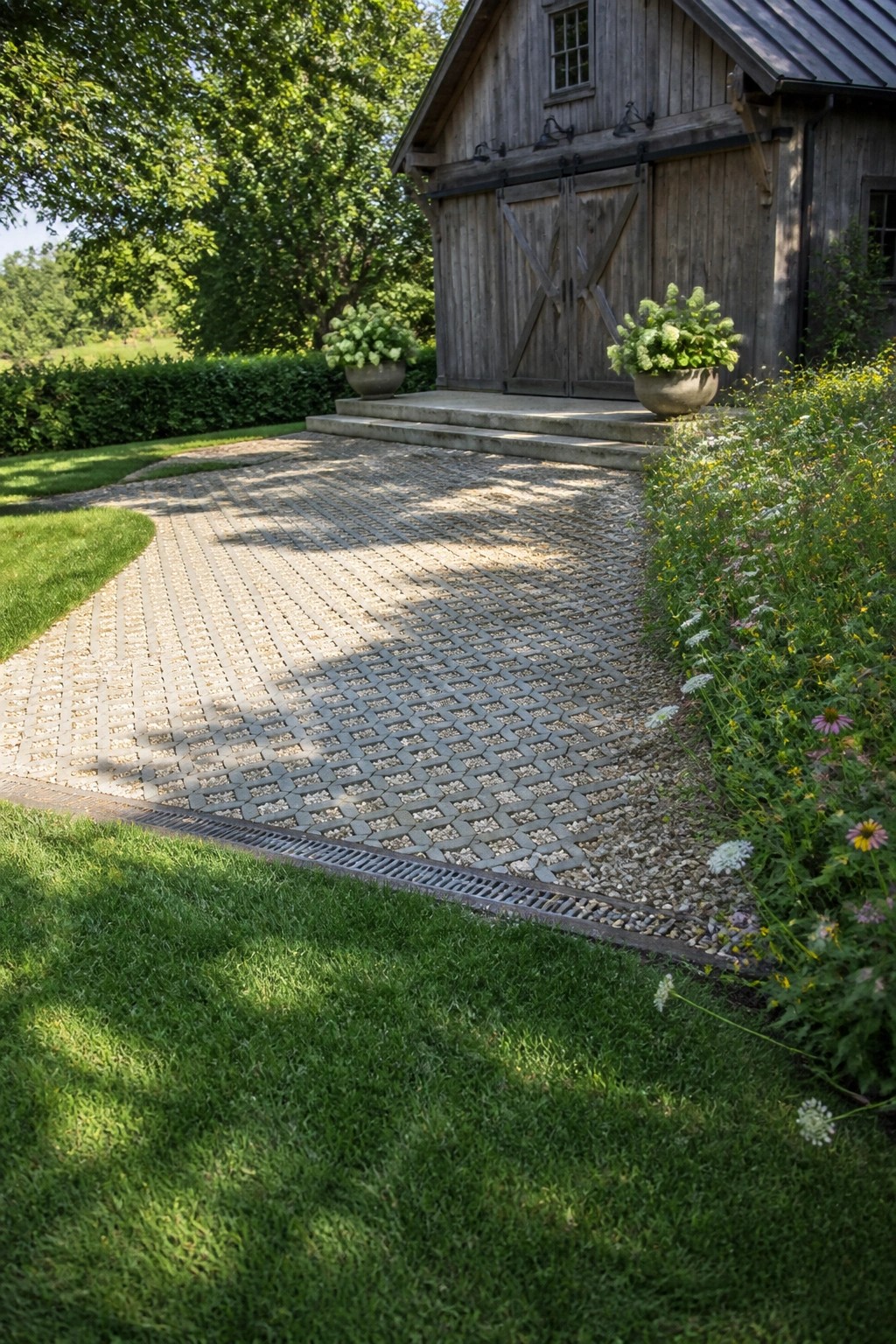 Rustic wooden barn with lattice cobblestone driveway, potted plants, and wildflowers.